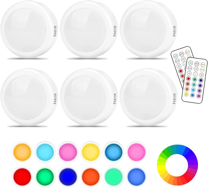 Cadrim Puck Lights, Cadrim 13 Colors Changeable LED Puck Lightings, LED Lights for Bedroom, Under Cabinet Lights, Under Cabinet Lighting with 2 Wireless Remote Controls for Kitchen(6 Pack) - Image 1